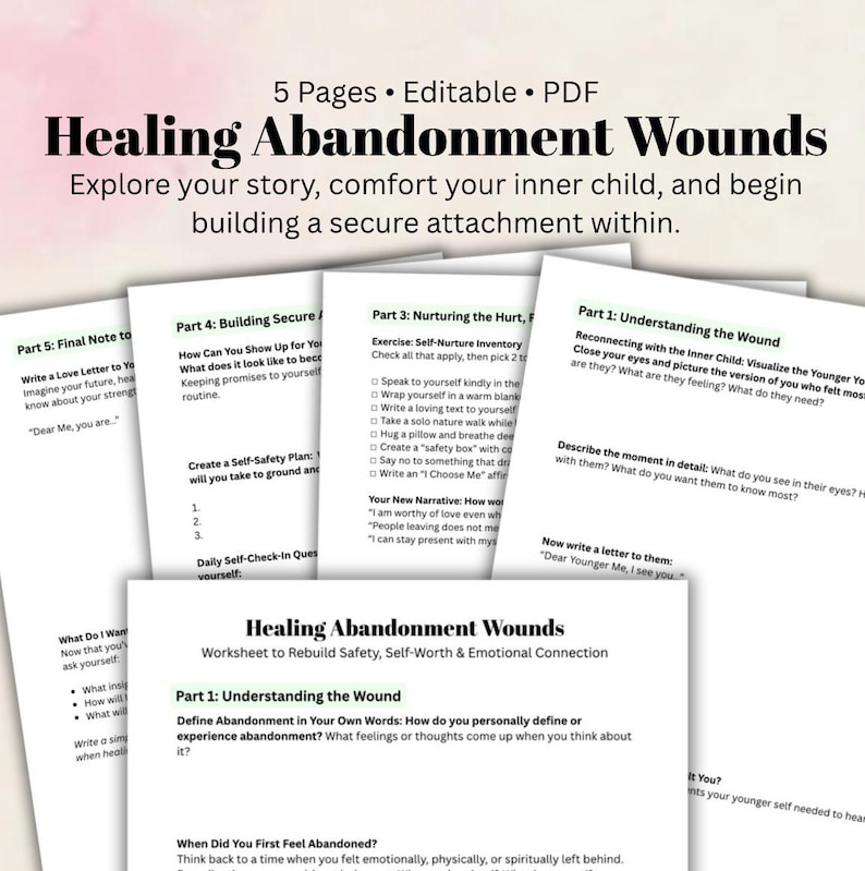 Pu&ograve; includere: Una raccolta di cinque fogli di lavoro PDF modificabili intitolati "Healing Abandonment Wounds". I fogli di lavoro esplorano la ricostruzione della sicurezza, dell'autostima e della connessione emotiva. Il testo del titolo &egrave; nero, con sfondo rosa e bianco.