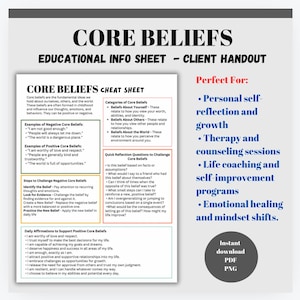 CBT Core Beliefs Cheat Sheet for Mental Health Therapy Tool False Beliefs and Automatic Thoughts Printable Resource Psycoeducation