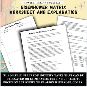May include: A printable worksheet and explanation of the Eisenhower Matrix, a time management tool that helps prioritize tasks based on their urgency and importance. The worksheet is divided into four quadrants: Urgent and Important, Not Urgent but Important, Urgent but Not Important, and Not Urgent and Not Important.