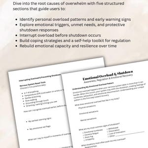 May include: Two worksheets titled "Emotional Overload & Shutdown" with text about identifying patterns, triggers, and building coping strategies. The worksheets are white with black text.