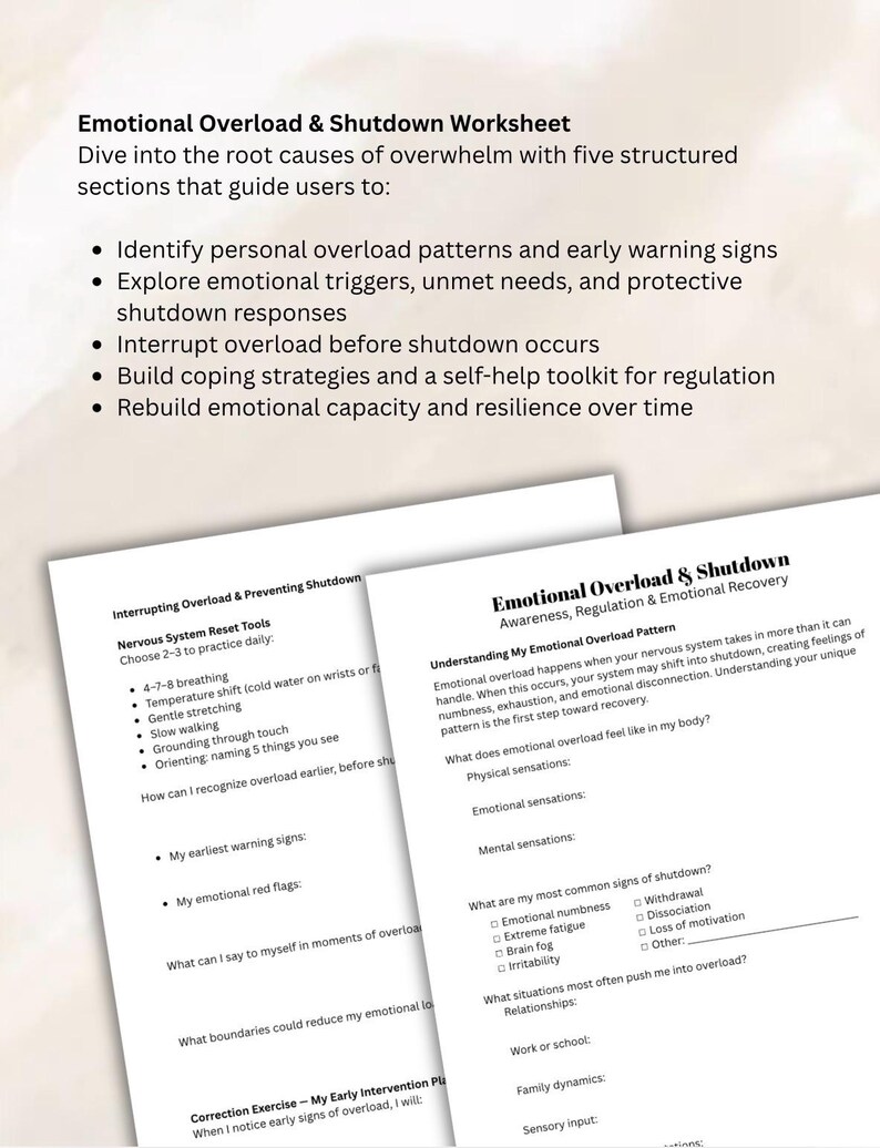 May include: Two worksheets titled "Emotional Overload & Shutdown" with text about identifying patterns, triggers, and building coping strategies. The worksheets are white with black text.