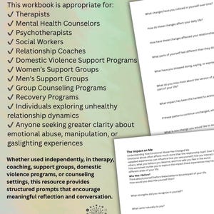 May include: A mental health workbook resource featuring a list of target users including therapists, counsellors, and support groups. The document includes printed reflection prompts about emotional abuse and personal change, with a Mind Shift Health logo.