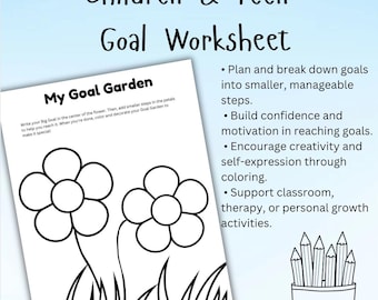May include: Black and white printable worksheet for children and teens to help them set goals. The worksheet features a flower with petals for writing down steps to achieve a goal. The text "My Goal Garden" is at the top of the worksheet.