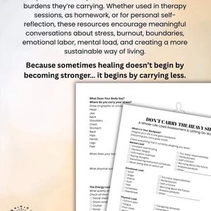May include: A collection of three printable mental health resources featuring checklists and assessment forms titled Don't Carry the Heavy Stuff and What Does Your Body Say, with black text on white paper and a Mind Shift Health logo at the bottom.