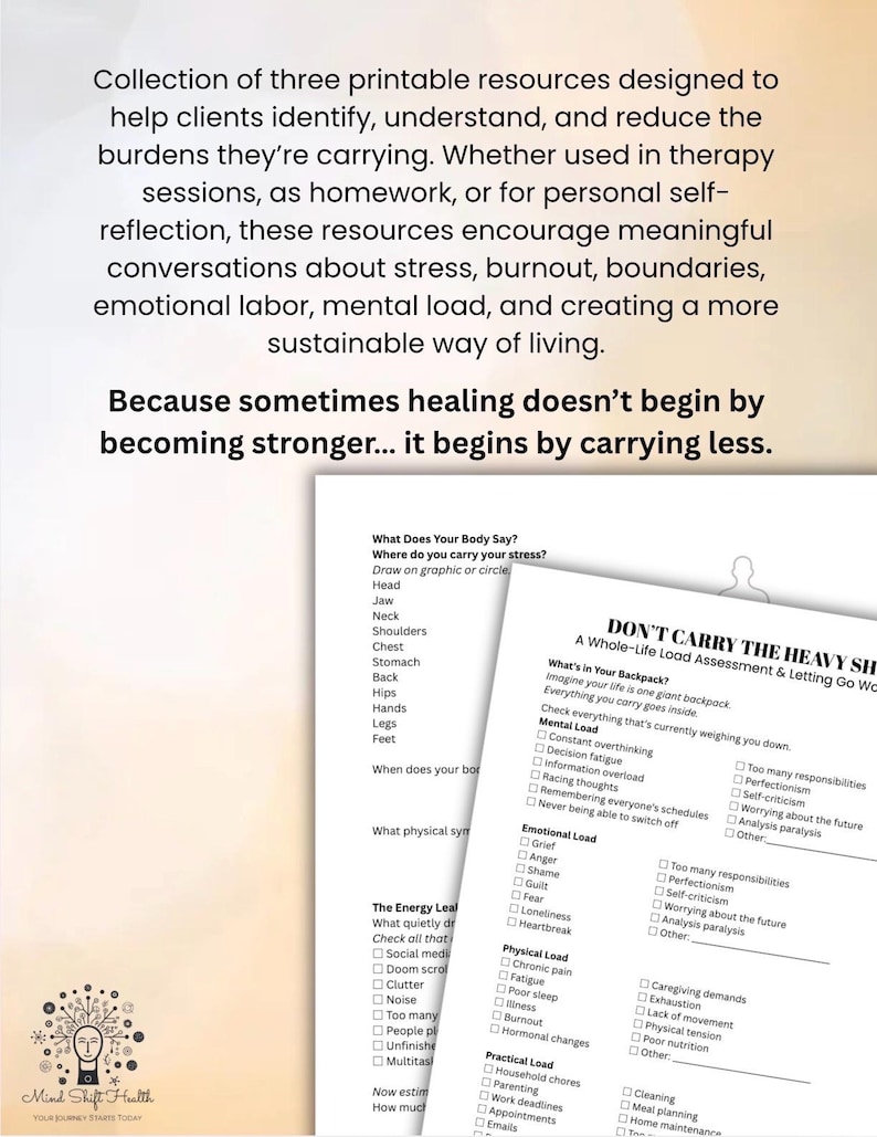 May include: A collection of three printable mental health resources featuring checklists and assessment forms titled Don't Carry the Heavy Stuff and What Does Your Body Say, with black text on white paper and a Mind Shift Health logo at the bottom.