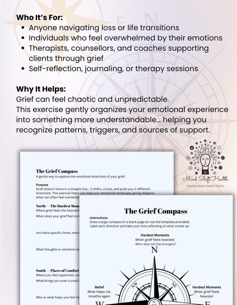 Grief Compass Worksheet Printable Grief Therapy Tool, Coping With Loss ...