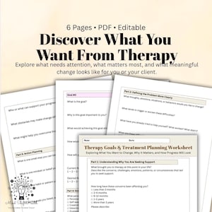 Könnte beinhalten: Ein 6-seitiges, bearbeitbares PDF-Arbeitsblatt-Set für Therapieziele und Behandlungsplanung. Die Dokumente zeigen schwarzen Text auf weißem Papier mit beigen Kopfzeilen und enthalten strukturierte Abschnitte zur Unterstützung und Zielsetzung.