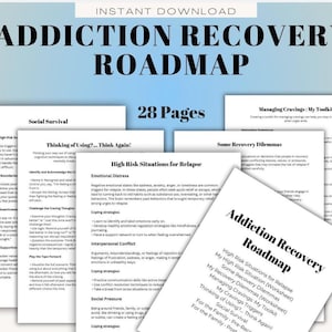 Puede incluir: Una guía imprimible en blanco y negro titulada "Addiction Recovery Roadmap" con 28 páginas. La guía incluye secciones sobre supervivencia social, manejo de antojos, situaciones de alto riesgo de recaída y algunos dilemas de recuperación.
