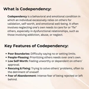 Op de afbeelding: Tekst die het concept van codependentie uitlegt, een gedrags- en emotionele toestand waarbij individuen overmatig afhankelijk zijn van anderen voor validatie, eigenwaarde en emotioneel welzijn. Het omvat vaak het verwaarlozen van eigen behoeften om voor anderen te zorgen of ze te 'repareren', vooral in disfunctionele relaties, zoals die met verslaving, misbruik of verwaarlozing. Belangrijkste kenmerken van codependentie zijn onder meer slechte grenzen, mensen pleasen, laag zelfbeeld, redden en repareren, en angst voor verlating.