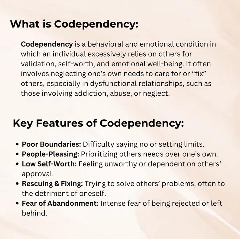 Op de afbeelding: Tekst die het concept van codependentie uitlegt, een gedrags- en emotionele toestand waarbij individuen overmatig afhankelijk zijn van anderen voor validatie, eigenwaarde en emotioneel welzijn. Het omvat vaak het verwaarlozen van eigen behoeften om voor anderen te zorgen of ze te 'repareren', vooral in disfunctionele relaties, zoals die met verslaving, misbruik of verwaarlozing. Belangrijkste kenmerken van codependentie zijn onder meer slechte grenzen, mensen pleasen, laag zelfbeeld, redden en repareren, en angst voor verlating.