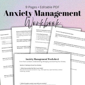 May include: A printable anxiety management workbook with sections on recognising early signs, coping skills, and building a personalised crisis plan. The workbook is designed to help individuals understand, manage, and soothe their anxiety.