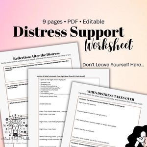 Może przedstawiać: Wydrukowany arkusz wsparcia w sytuacjach kryzysowych z tytułem "Distress Support Worksheet" dużymi czarnymi literami. Arkusz zawiera sekcje do refleksji i radzenia sobie z trudnościami.