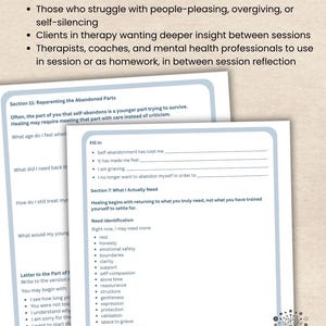 May include: Two open workbooks with text, designed for self-reflection and therapy. The pages feature prompts for emotional awareness, self-worth, and identifying needs. The workbooks are white with black text, and the cover has the text "Perfect For:" and a list of topics.