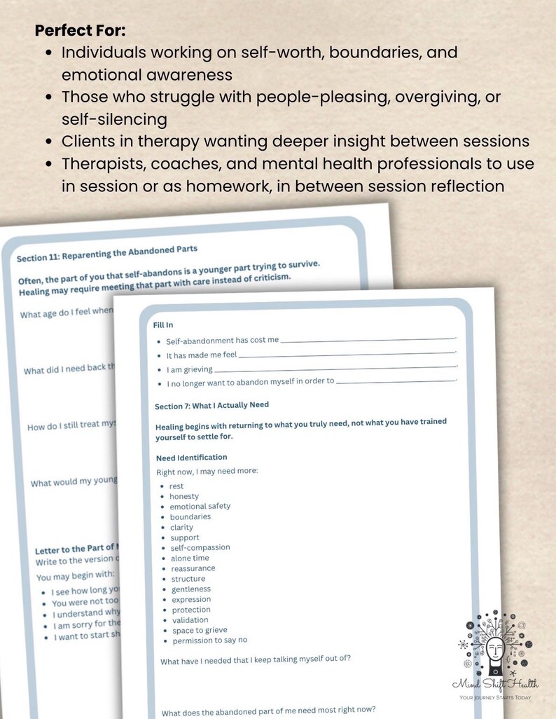 May include: Two open workbooks with text, designed for self-reflection and therapy. The pages feature prompts for emotional awareness, self-worth, and identifying needs. The workbooks are white with black text, and the cover has the text "Perfect For:" and a list of topics.