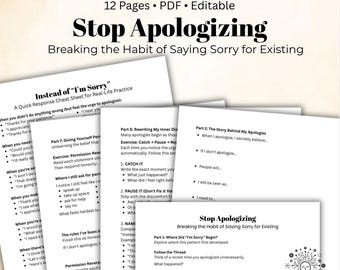Stop Apologizing Worksheet, People Pleasing Workbook, Self Worth Journal, Therapy Worksheets, Boundary Setting, Confidence Building, Anxiety