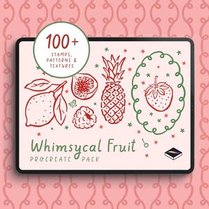 Può includere: Un tablet mostra un pacchetto di arte digitale con illustrazioni di frutta stravaganti in rosso e verde. Il testo sullo schermo recita "Whimsical Fruit Procreate Pack" e "100+ Stamps, Patterns & Textures."