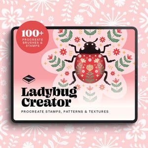 May include: A digital tablet shows a ladybug illustration with floral patterns. The screen displays the text "Ladybug Creator" and "100+ Procreate Brushes & Stamps." The background is a soft pink with a repeating floral design.