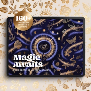 May include: A digital art design on a tablet with a mystical theme. The design includes an eye, butterflies, and floral elements in gold and blue. Text on the tablet reads "Magic Awaits" and "Procreate Brushes & Stamps."