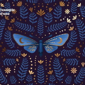 A blue moth with gold accents on its wings is surrounded by a pattern of gold stars, leaves, and flowers on a dark blue background.