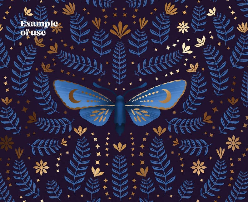 A blue moth with gold accents on its wings is surrounded by a pattern of gold stars, leaves, and flowers on a dark blue background.