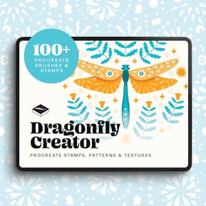 May include: A digital tablet shows a dragonfly illustration with the text "Dragonfly Creator." The image includes the text "100+ Procreate Brushes & Stamps" and "Procreate Stamps, Patterns & Textures."