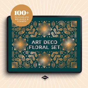 May include: A digital tablet displays an Art Deco floral design in gold on a teal background. The design includes stylized flowers, leaves, and geometric shapes. The text reads "ART DECO FLORAL SET" and "100+ PROCREATE BRUSHES & STAMPS".