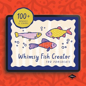 Könnte beinhalten: Digitale Kunstillustration auf einem Tablet-Bildschirm mit drei skurrilen Fischen in Gelb, Rosa und Rot. Der Text lautet "Whimsy Fish Creator for Procreate" mit einem gelben Kreis mit der Aufschrift "100+ Brushes & Stamps".