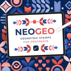 May include: A digital tablet displaying a graphic design for a product called "NEOGEO Geometric Stamps for Procreate". The design features a red and blue geometric pattern with the text "NEOGEO" in large, bold letters. The tablet is surrounded by a pattern of red and blue geometric shapes.