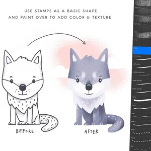 May include: A black and white line drawing of a wolf is shown next to a colored version of the same wolf. The colored wolf has a gray body, white fur on its chest, and a pink nose. The text "USE STAMPS AS A BASIC SHAPE AND PAINT OVER TO ADD COLOR & TEXTURE" is above the images. The text "BEFORE" is below the black and white wolf and the text "AFTER" is below the colored wolf.