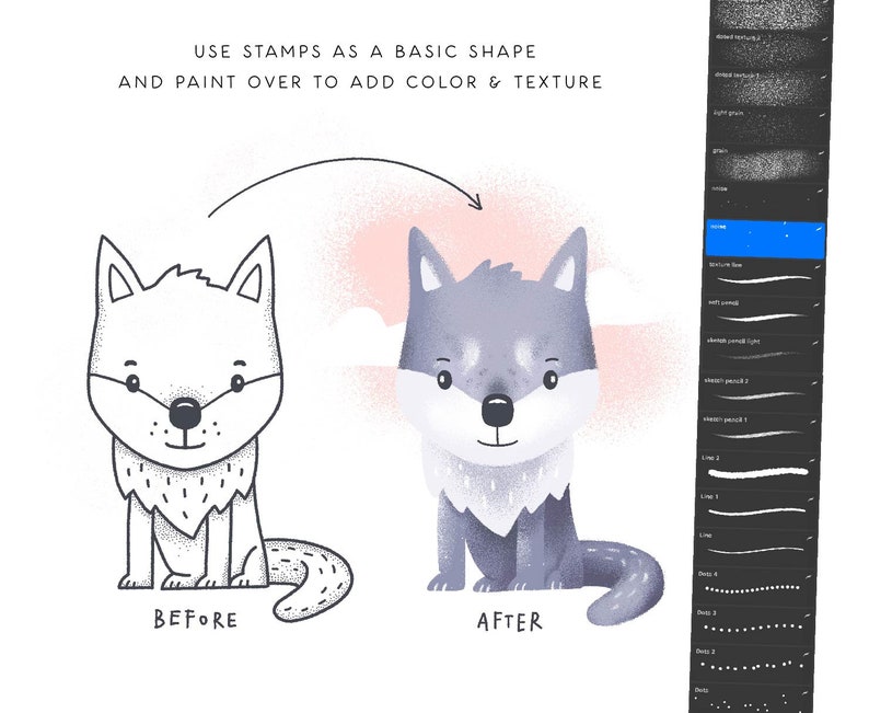 May include: A black and white line drawing of a wolf is shown next to a colored version of the same wolf. The colored wolf has a gray body, white fur on its chest, and a pink nose. The text "USE STAMPS AS A BASIC SHAPE AND PAINT OVER TO ADD COLOR & TEXTURE" is above the images. The text "BEFORE" is below the black and white wolf and the text "AFTER" is below the colored wolf.