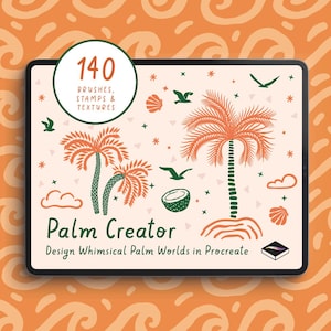 May include: A digital tablet displays a tropical-themed graphic. The graphic includes palm trees, birds, and a coconut, with the text "Palm Creator" and "140 Brushes, Stamps & Textures". The background is a light beige with orange accents.