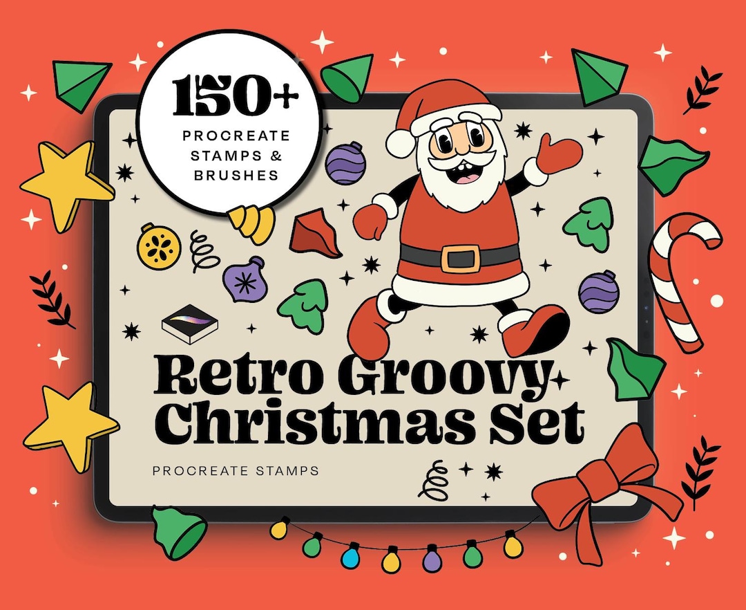 Retro Christmas Procreate Brushes - 150+ Groovy Holiday Stamps for ...