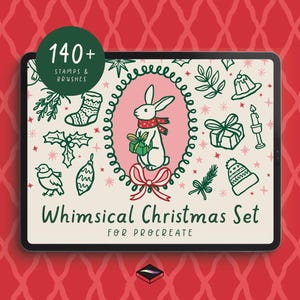 May include: A digital tablet displays a "Whimsical Christmas Set" for Procreate. The set includes over 140 stamps and brushes with festive illustrations of a rabbit, gifts, and holiday decorations in green, red, and white.