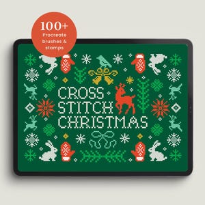 Könnte beinhalten: Ein digitaler Tablet-Bildschirm mit dunkelgrünem Hintergrund und einem weißen Kreuzstichmuster, das den Text CROSS STITCH CHRISTMAS, ein rotes Rentier, weiße Hasen, rote Fäustlinge, gelbe Glocken sowie verschiedene Schneeflocken und Tannen zeigt.