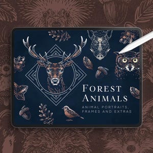 May include: A digital tablet shows forest animal illustrations, including a deer, owl, and wild boar. The text "FOREST ANIMALS" is displayed. The artwork uses brown and white tones on a dark blue background. A stylus rests on the screen.