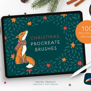 Zestaw 100 pędzli do stempli świątecznych Procreate, stwórz zimową magię sztuki cyfrowej ze zwierzętami, śniegiem, gwiazdami, teksturami, drzewami, wzorami, wieńcami