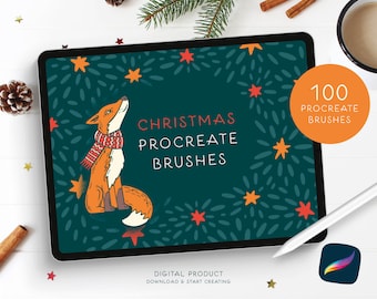 100 Christmas Procreate Stamp Brushes Set, Create Winter Magic Digital Art with Animals, Snow, Stars, Textures, Trees, Patterns, Wreaths