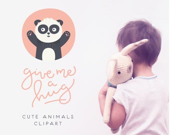 Give Me a Hug - Cute Animals Clipart and Handwritten Phrases | Digital Download | For Cards, Baby Shower, Nursery Decor, Party