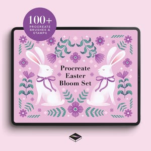 May include: A digital tablet displays a Procreate Easter Bloom Set design. The design features two white rabbits with purple bows, surrounded by purple flowers and green foliage on a pink background. Text reads "100+ Procreate Brushes & Stamps".