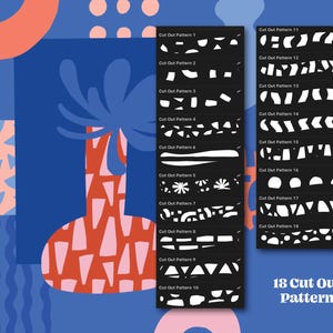 Puede incluir: Un conjunto de 18 patrones de corte en blanco y negro. Los patrones se muestran sobre un fondo azul con formas abstractas en rosa, rojo y azul.