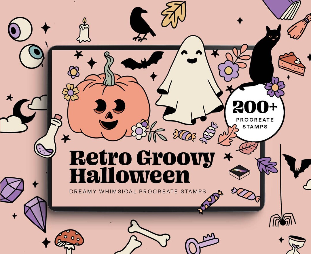 Halloween Retro Groovy Procreate Stamp Set – 200+ Whimsical Hand Drawn ...