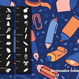 Puede incluir: Una ilustraci&oacute;n en blanco y negro de 20 herramientas creativas, que incluyen un p&aacute;jaro, una manzana, una taza de caf&eacute;, un frasco de tinta, una l&aacute;mpara, cinta adhesiva, un bol&iacute;grafo, notas adhesivas, un bol&iacute;grafo de tinta, un libro, un l&aacute;piz, un marcador, un pincel, un clip, unas tijeras y un sacapuntas. La ilustraci&oacute;n est&aacute; sobre un fondo azul oscuro con confeti de colores.