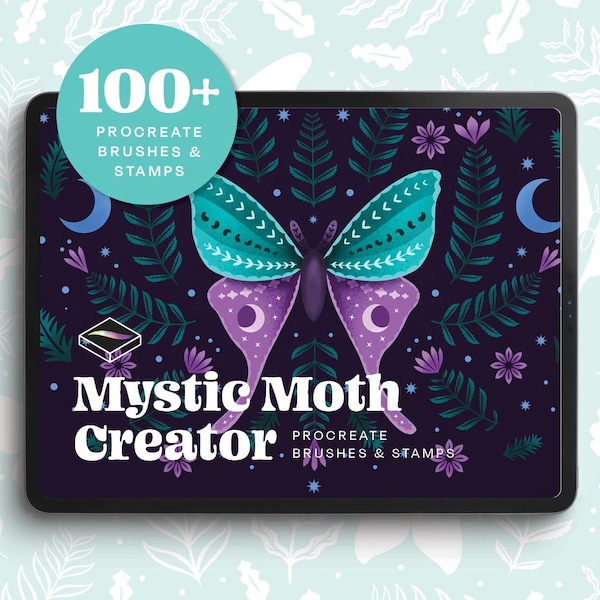 Pinceles Mystical Moth para Procreate: más de 100 sellos dibujados a mano con bases, patrones, flores, hojas y arte botánico.
