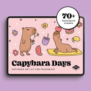 May include: A digital art kit displayed on a tablet, featuring cartoon capybaras and summer-themed illustrations. The tablet screen shows the text "Capybara Days" and "70+ Procreate Stamps" against a pink background. The image includes flowers, fruit, and drinks.
