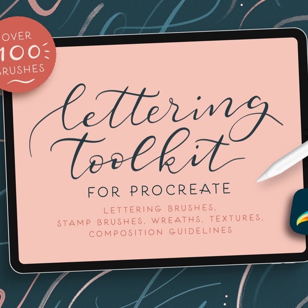 Procreate Lettering Brushes Toolkit | 100 Digital brushes for iPad app | Make digital art with calligraphy, watercolor brushes, markers