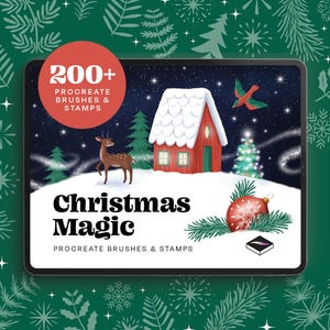 Christmas Magic Procreate Brush Set – 200+ feestelijke stempels met sneeuw, sterren, lichtjes, kerstballen, takken, dieren en vakantietexturen