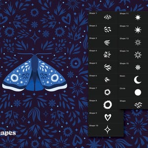 A blue butterfly with white accents and a white star pattern on a dark blue background with various shapes and patterns. The shapes are labeled with numbers and names, such as "Shape 1", "Shape 11", "Moon", "Circle", and "Heart".