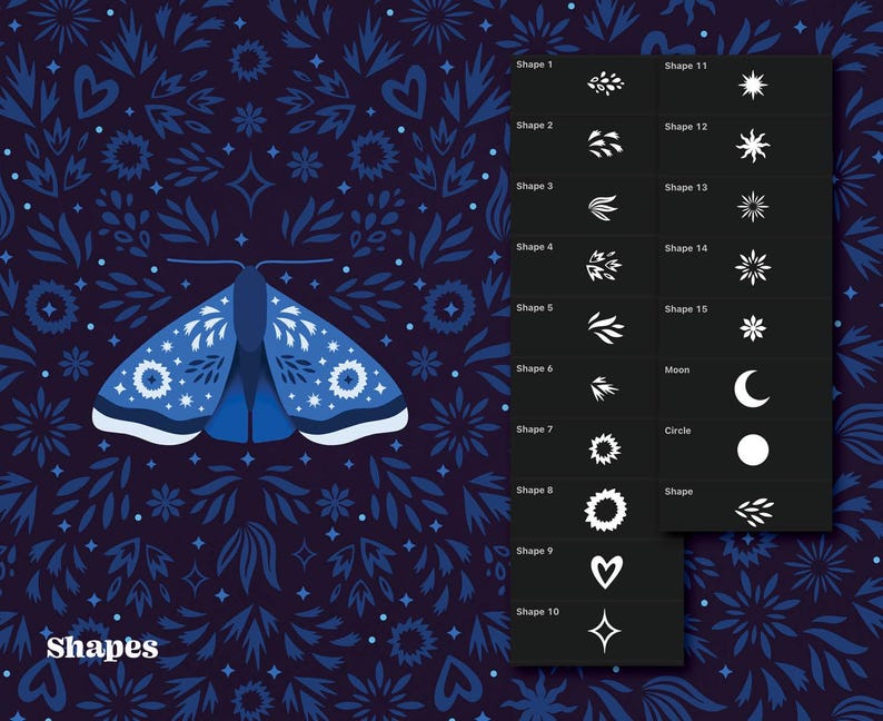 A blue butterfly with white accents and a white star pattern on a dark blue background with various shapes and patterns. The shapes are labeled with numbers and names, such as "Shape 1", "Shape 11", "Moon", "Circle", and "Heart".