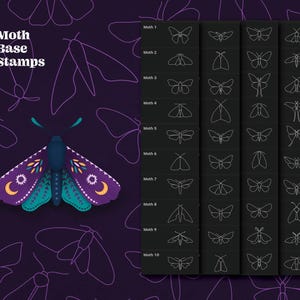 A set of 10 moth outline illustrations, each with a different wing shape and pattern. The illustrations are in white on a black background. The text "Moth Base Stamps" is at the top of the image.
