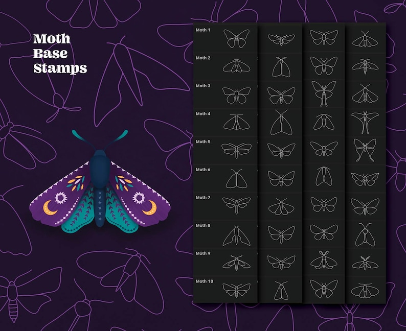 A set of 10 moth outline illustrations, each with a different wing shape and pattern. The illustrations are in white on a black background. The text "Moth Base Stamps" is at the top of the image.